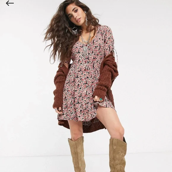 Free people laced up floral button down mini dress